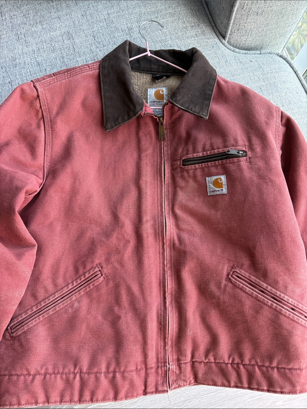 Carhartt Womens Dusty Red Canvas Jacket with Brown Corduroy Collar